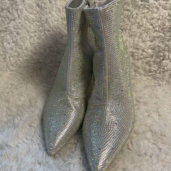Moda Tope synthetic Silver Rhinestones Ankle Boots pointed toe side zipper SZ9.5 - Picture 4 of 16